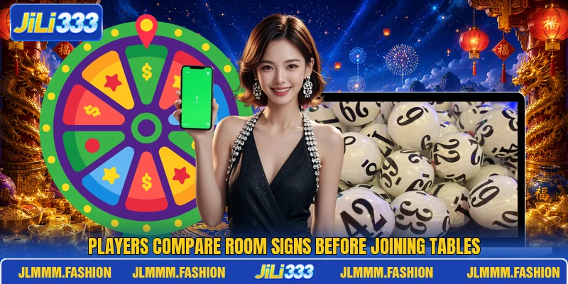 Players compare room signs before joining tables Players compare room signs before joining tables